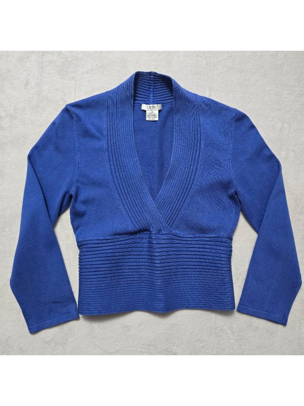 VTG Cache Womens Cobalt Blue Silk Blend Ribbed Crop Long Sleeve V-Neck Top Med